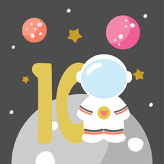 Fototapeta premium Space Party Invitation Card Template, Birthday Party in Cosmic Style Celebration, Greeting Card, Flyer Cartoon Vector. Kids illustration with planets, cosmonaut and number ten.
