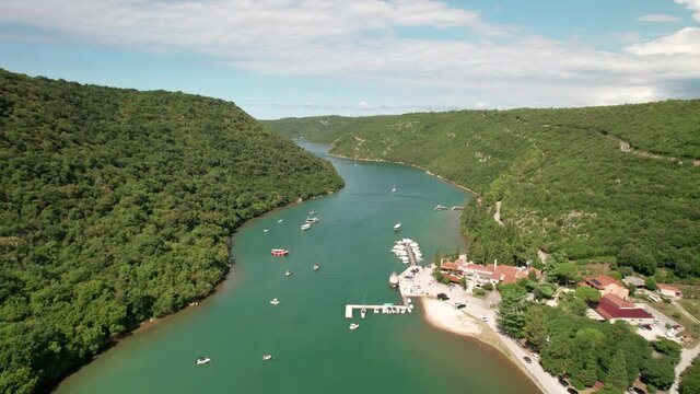 Aerial view of Limski kanal or Lim channel. Fjord in Istra region, Croatia