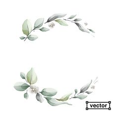 Clear vector wreath in watercolor style with leaves and flowers. White background with bouquet elements, botanical foliage illustration.