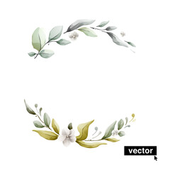 Clear vector wreath in watercolor style with leaves and flowers. White background with bouquet elements, botanical foliage illustration.