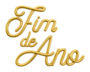 Golden Portuguese lettering 3d render on white background. The name Fim de Ano means Year End. 3d render illustration