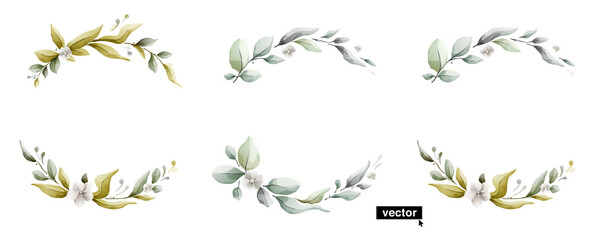 Clear vector wreath in watercolor style with leaves and flowers. White background with bouquet elements, botanical foliage illustration. © kaer_fstock