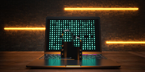Notebook with security lock and digital numbers. Cyberspace and vulnerability. 3D rendering.