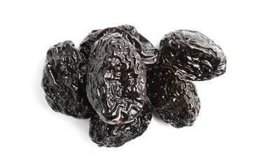Heap of sweet dried prunes on white background