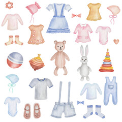Watercolor illustration of hand painted baby clothes dress, shorts, shirts, bonnet, hat, shoes and toys bear, hare, ball, pyramid. Isolated clip art for shop posters, packaging paper, design cards