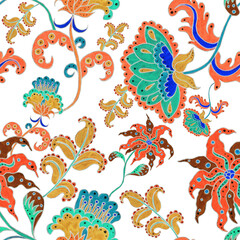 Aquarel naadloze patroon met folky bloemen en bladeren in etnische stijl. Florale decoratie. Traditioneel paisleypatroon. Textielontwerptextuur. Tribal etnische vintage naadloze patroon.