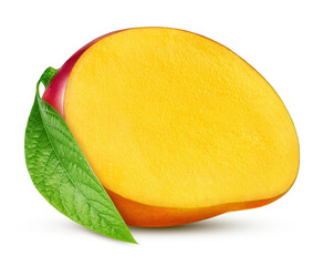 Half of mango with leaves isolated on white background