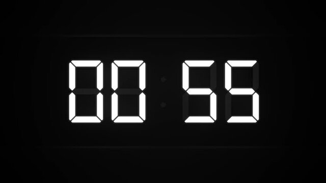 デジタルな数字のシンプルなカウントダウン 1分 白黒　ファーストフレームが01:00です。
2フレ目に00:59になります。