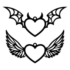 Black angel and devil wings heart. Isolated tattoo art. Valentine's day pendants template. Romantic photo frame