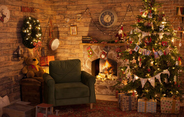 Cozy vintage style living room with a decorated christmas tree, armchair and fireplace