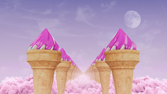 3d render of ice cream corridor on pink clouds