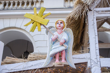 Angelic Medieval Wooden Sculpture. Christmas figure from the
