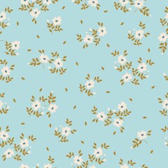 Vintage pattern. white flowers, mustard leaves. light blue background. Seamless vector template for design and fashion prints.