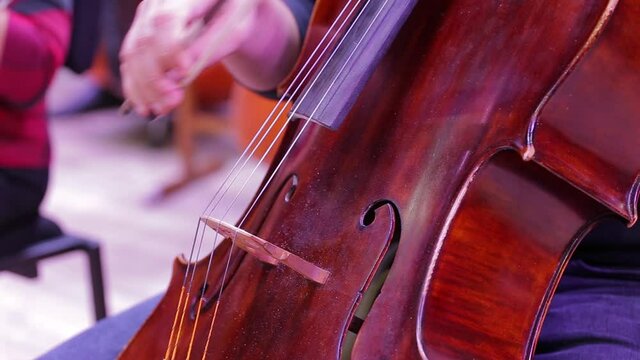 Close-up movement of the bow on the strings.Symphony orchestra.The musician plays the cello.