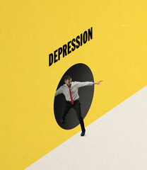 Man found way out of depression. Contemporary art collage, modern design. Inspiration, ideas, trendy magazine style. Surrealism