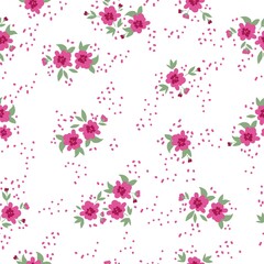 Vintage pattern. Wonderful pink flowers and dots, green leaves. white background. Seamless vector template for design and fashion prints.