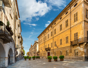 Fototapeta premium Cuneo, Piedmont, Italy - October 6, 2021: Via Roma with the Palazzo Bruno di Tornaforte (1751), in the background the Palazzo della Prefettura