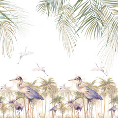 Fototapety  Boho chic tropical seamless border. Hand drawn ornament with heron birds and palm leaves.