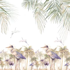  Boho chique tropische naadloze grens. Hand getekende sieraad met reiger vogels en palmbladeren. © ldinka