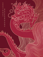hand drawn japanese vector dragon on abstract waves in red and gold colours	