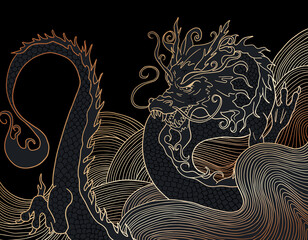 hand drawn japanese vector dragon on abstract waves in black and gold colours	