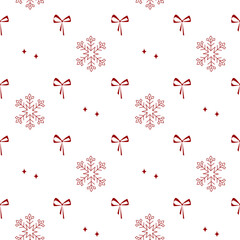 Cute christmas seamless pattern with red stars, snowflakes and bows on a white background. Ornament for gift wrapping paper, fabric, clothing, textiles, surface textures.