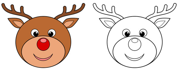 Cartoon reindeer head. Colored and outline vector illustration isolated on white background. Coloring book page for children. Game for kids.