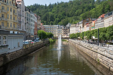 Karlovy Vary, Czech Republic, June 2019 - view of some beautiful houses by the Tepla River