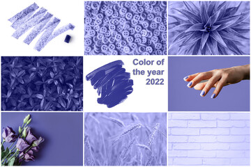 Color of the Year 2022, collage of trendy purple shade backgrounds