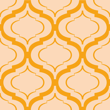 Roman ogee abstract vector seamless pattern background with elongated shapes. Elegant geometric backdrop in pastel and orange. Modern symmetrical style repeat for summer vacation, wellness, baby