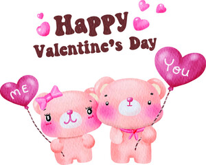 Watercolor vector kawaii Pink Couple Bear with you and me Balloon.