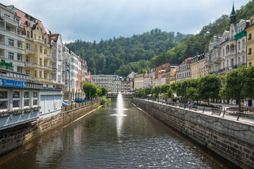 Karlovy Vary, Czech Republic, June 2019 - view of some beautiful houses by the Tepla River