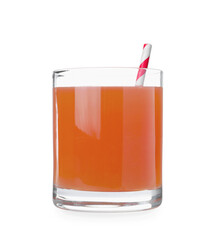 Tasty freshly made grapefruit juice on white background