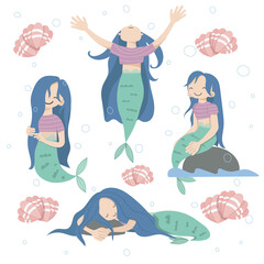 Collection of cute funny mermaids isolated on white background. Flat cartoon colorful vector illustration.
