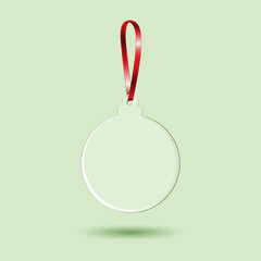 White transparent acrylic christmas ornament with red ribbon mockup template.