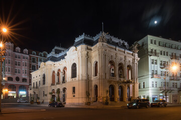 Fototapeta na wymiar Karlovy Vary, Czech Republic, June 2019 - night view of Karlovy Vary City Theatre