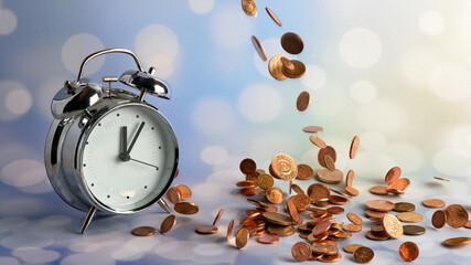 coins and alarm clock, time is money concept, copy space