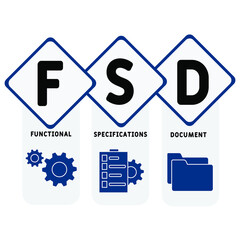 FSD - Functional Specifications Document acronym. business concept background.  vector illustration concept with keywords and icons. lettering illustration with icons for web banner, flyer, landing