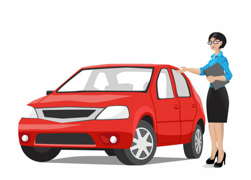 Seller woman shows a red car to a customer. Buying, selling or renting a car. Illustration in flat style on white background