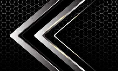 Abstract silver black arrow direction geometric on hexagon mesh design modern luxury futuristic technology background vecto