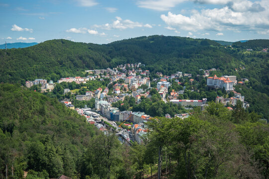 Karlovy Vary, Czech Republic, June 2019 - Beautiful panoramic view of Karlovy Vary from a viepoint at one of it's hills