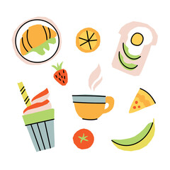 Vector set of stickers with breakfast food and drinks