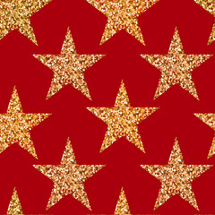 Vector seamless pattern with gold glitter stars on red background