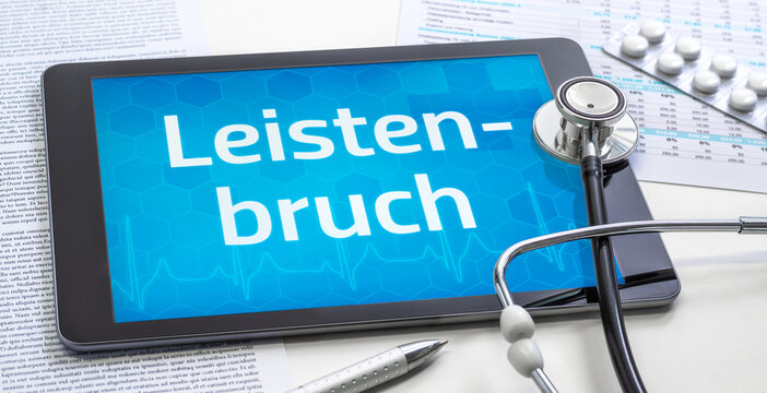 Ein Tablet mit dem Text Leistenbruch auf dem Display