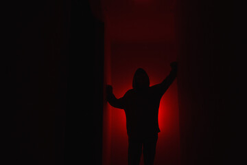 Silhouette of a man on a red background.
Silhouette of a guy in the dark.