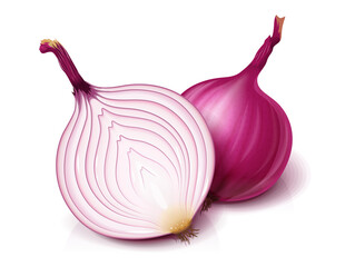 Red whole and half of onion. Useful vegetable. Isolated on white background. Eps10 vector illustration.