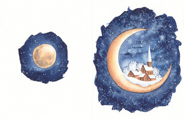 Winter postcard. Watercolor winter starry view with snowfall. New year card with night fabulous winter view. New Year's card. Winter card with the moon.