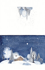 Winter postcard. Watercolor winter starry view with snowfall. New year card with night fabulous winter view. New Year's card. Winter card with the moon. Hut in the forest.