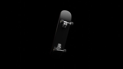 Skateboard illustration in black background. 3D illustration with copy space