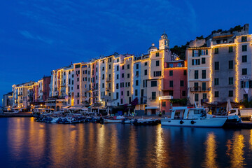 Townscape of the old town of Porto Venere at dusk, Italy